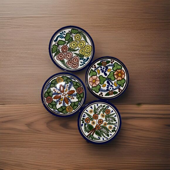 Mr Pue hand painted ceramic floral coasters set of 4 Made in Mexico blue trim - Picture 2 of 5